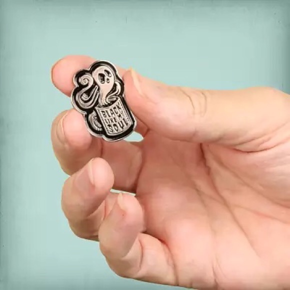 Goth Ghost Horror Coffee Mug Cup “Black Like My Soul” Metal Enamel Pin Brooch - Picture 8 of 11